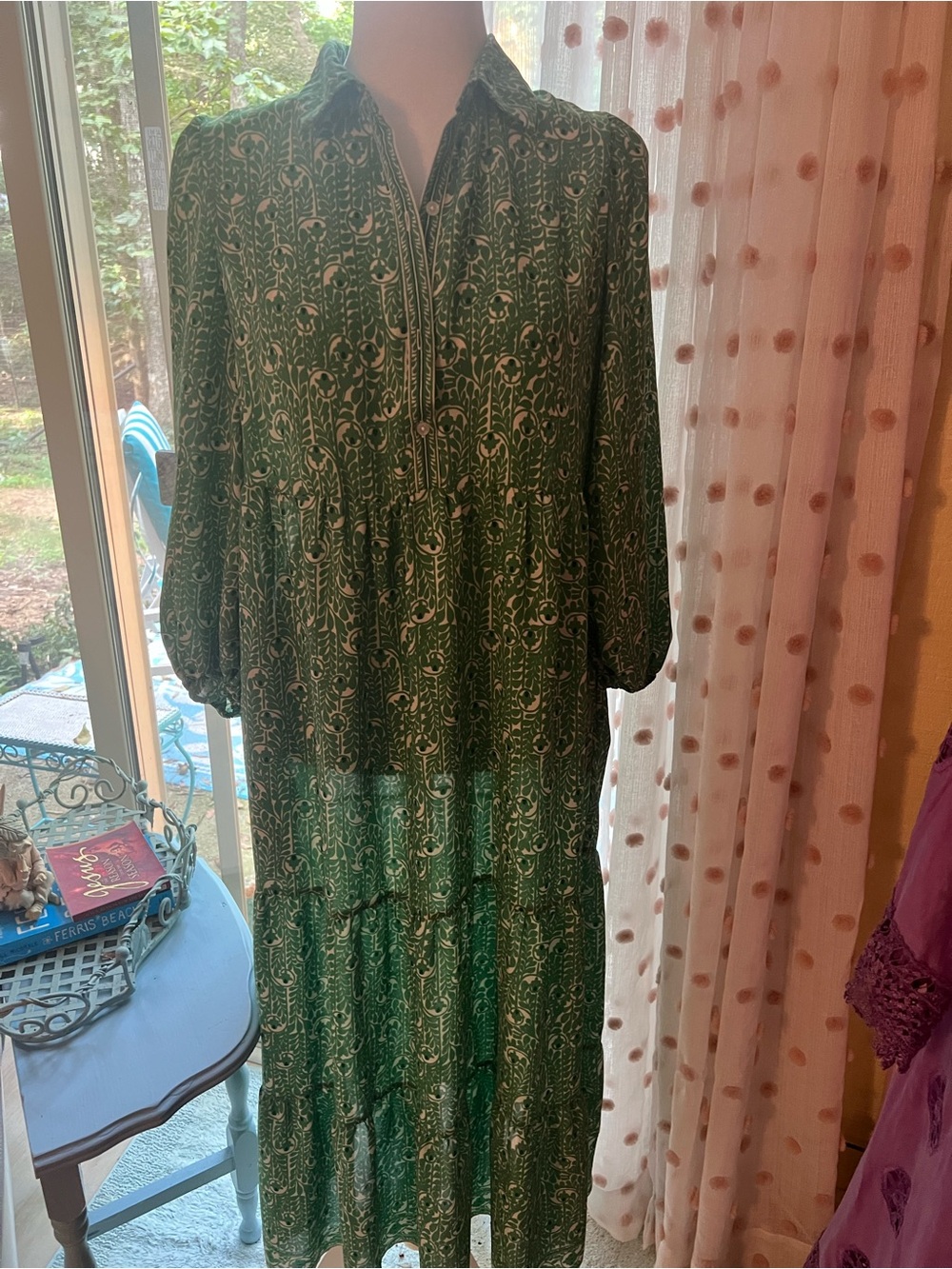 Max Studio Green Printed Tiered Maxi Shirt Dress